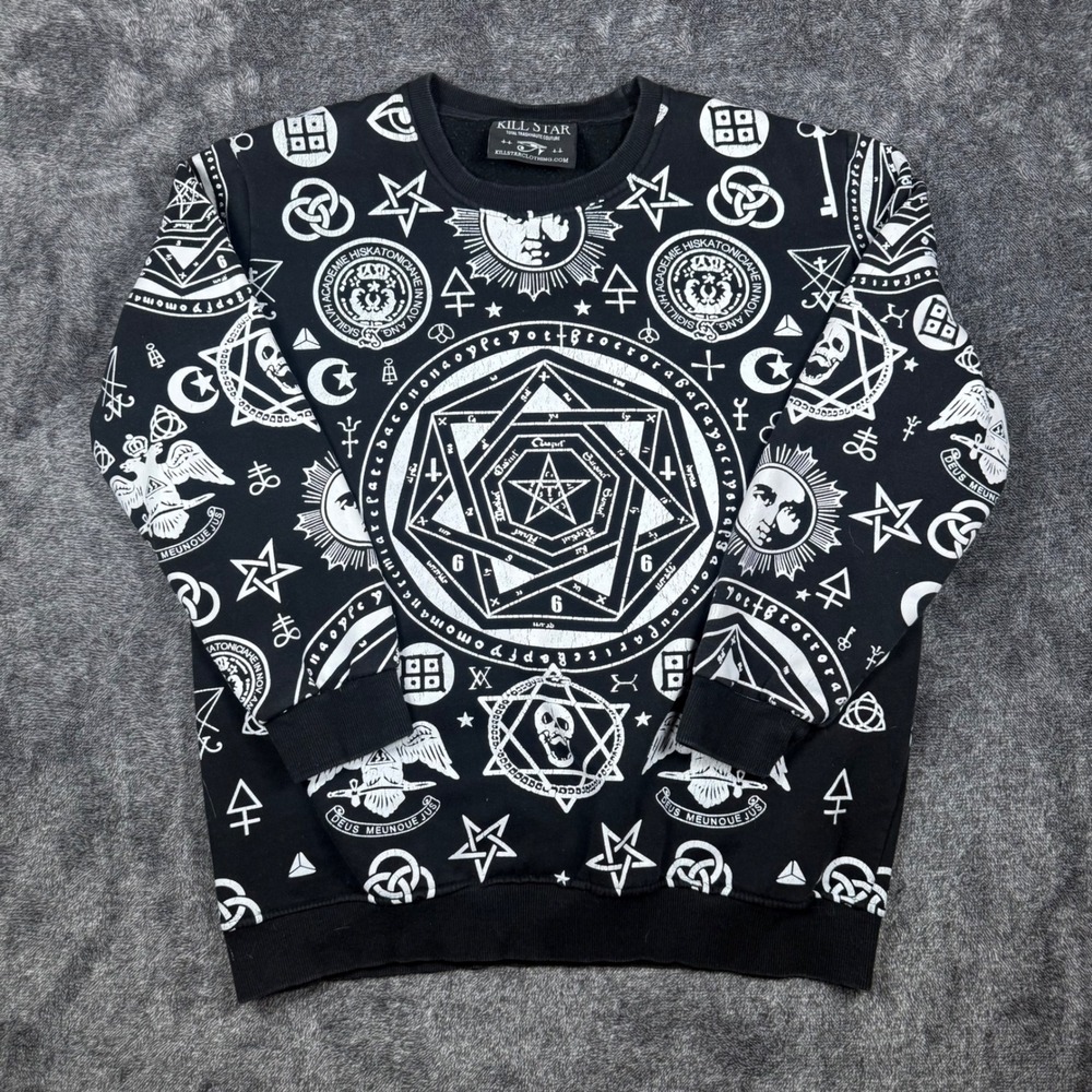 Killstar Occult All Over Print Sweatshirt Gothic Skull Pentagram Black Mens L